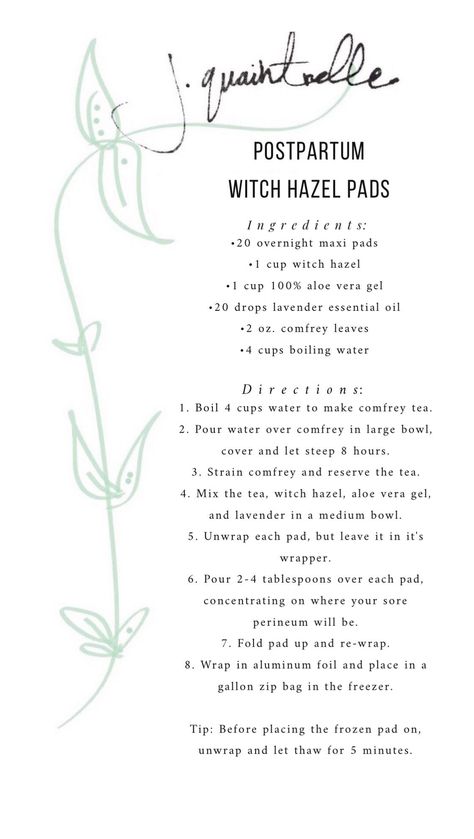 Postpartum Witch Hazel Pads, Diy Witch Hazel Pads, Witch Hazel Pads For After Birth, Diy Tucks Pads Witch Hazel, Pads For After Birth, Witch Hazel Pads, Tucks Pads, Comfrey Tea, Postpartum Health