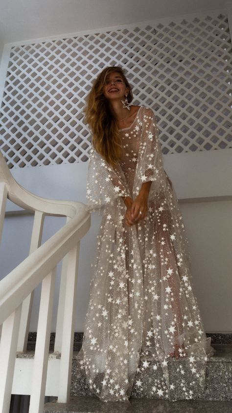 Fairytale Ethereal Dream Elegant Modern Long Sleeve Wedding Dress with Stars – Boom Blush Wedding Dress Unconventional, Nonwhite Wedding Dress, Bridal Party Dress Ideas, Etheral Dress, Long Sleeve Celestial Wedding Dress, Elopement Ideas Dress, Star Embroidered Wedding Dress, Ethereal Party, Whimsical Wedding Dress With Floral Embroidery