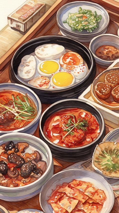 Korean Food Painting, Korean Food Drawing, Korean Food Art, Cartoon Food Art, Food Art Aesthetic, Aesthetic Food Art, Food Art Drawing, Food Art Illustration, Photography Food Art