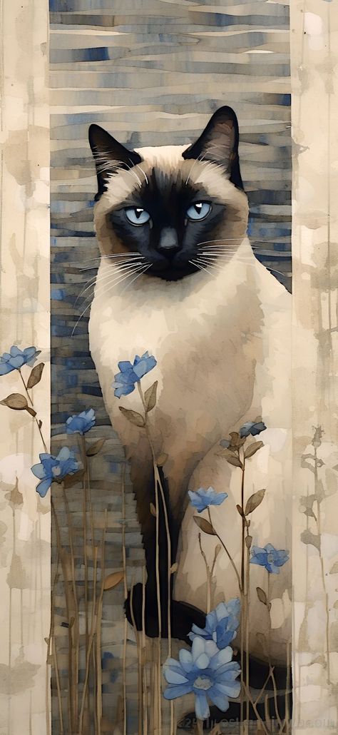 A painting of a Siamese cat nestled behind lush blue flowers, creating a scene of quiet beauty. Painting Aesthetic Wallpaper, Aesthetic Android, Kitten Decor, Black Cat Painting, Kitten Wallpaper, Blue Flower Painting, Animal Humour, Kitten Art, Painting Aesthetic