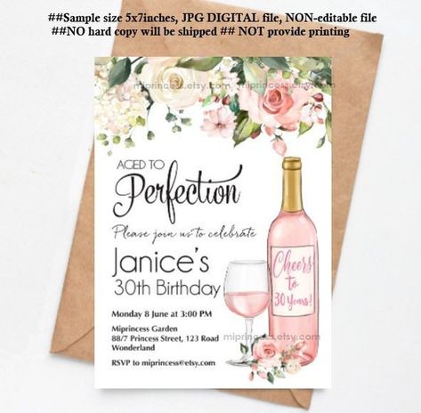 Aged To Perfection Party, Wine Birthday Invitations, Invitations Card Design, Floral Party Ideas, Wine Invitation, Suprise Birthday, Women Birthday Party, Invitations Card, Woman Birthday Party