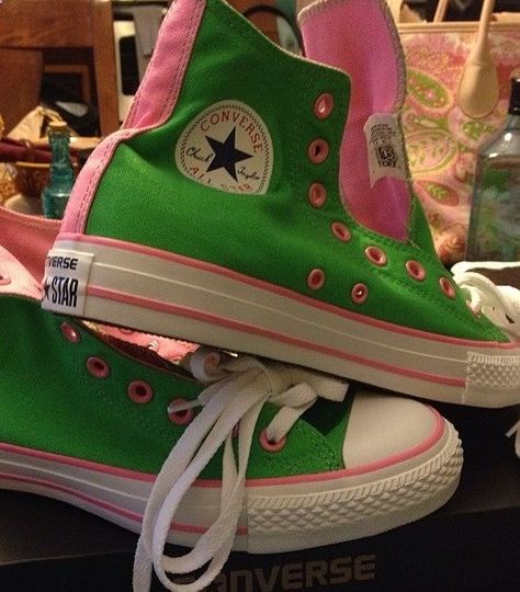 Pink and green Converse high tops would look awesome with jeans, a green tee  a pink blazer! Green Converse High Tops, Alpha Kappa Alpha Sorority Paraphernalia, Venus Mcflytrap, Skee Wee, Aka Sorority, Alpha Kappa Alpha Sorority, Green Converse, All Stars Converse, Pink Apple