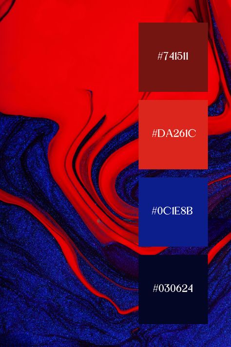 Featuring a mix of vivid reds and calming blues, this color palette embodies energy and peace. The reds inject passion and warmth, while the blues offer a soothing counterbalance, ideal for modern and eye-catching visuals. Red Black Blue Color Palette, Red Blue Color Scheme, Royal Blue Color Palette Colour Schemes, Red Green Blue Color Palette, Electric Blue Color Palette, Red Blue Palette, Red And Blue Color Palette, Turkish Bakery, Red Pallet