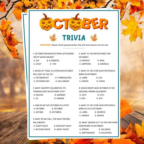 "**October Trivia Game** This fun and challenging trivia game is perfect for anyone! It's a great way to test your knowledge of the month, and it's sure to be a hit with your friends and family. The game includes 10 questions about October, including the month's birthstone, star sign, and historical events. There is also a space for the answer key, so you can check your answers after you're finished. This game is a great way to learn about October and have some fun at the same time. So gather your friends and family together and get ready to test your knowledge! **Order your October Trivia Game today and start having fun learning about October WHAT YOU GET 1 Printable October Trivia Template in 5 × 7\" and 8.5 x 11\" size 1 Answer Key Template HOW IT WORKS: After purchase, you will receive October Games For Seniors, Funny Quiz Questions And Answers, Trivia Games For Kids, October Games, Trivia Quiz Questions, Games For Ladies, Birthstones By Month, Fall Games, Question Game