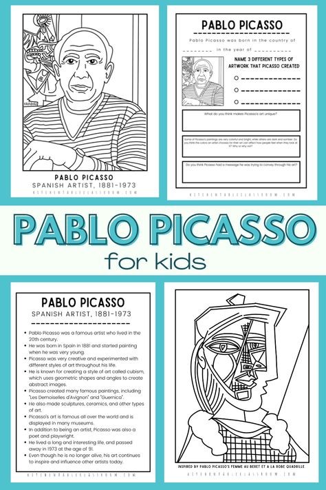 The Picasso for kids printable resources that I have created are a fun and educational way for children to learn about the life and artwork of the famous artist, Pablo Picasso. Picasso For Kindergarten, Picasso Preschool Activities, Picasso Bulletin Board, Picasso Projects For Kids, Picasso Portraits For Kids, Picasso Self Portrait Art Lesson, Picasso Lesson, Pablo Picasso Art Projects For Kids, Picasso Projects Middle School