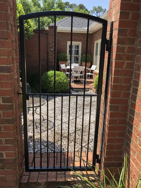 Front Driveway, Patio Gates, Brick Sidewalk, Yard Gate, Driveway Ideas, Gate Designs Modern, Rod Iron, Hand Rail, Steel Gate