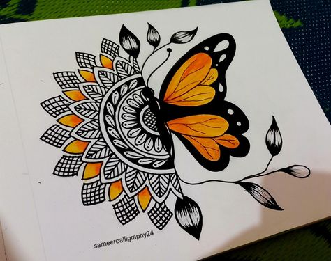 Mandala Art With Butterfly, Mandala Project, Army Drawing, God Pics, Art Butterfly, Mandala Design Pattern, Mandala Artwork, Pen Sketch, Calligraphy Pens