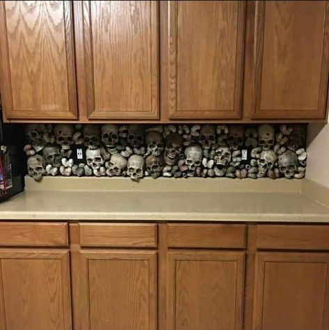 Skulls on the backsplash. Gothic kitchen decor. #skulls #kitchen #gothic #decor Gothic Kitchen Ideas, Kitchen Gothic, Gothic Kitchen Decor, Gothic Kitchen, Dark Kitchen, Candy Skulls, Goth Home, Goth Home Decor, Look Rock