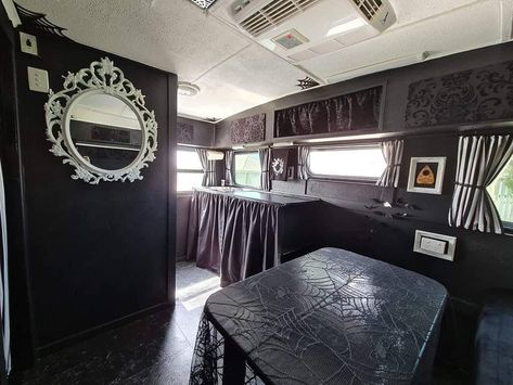 Witchy Van Life, Gothic Rv, Goth Camping, Goth Camper, Camper Revamp, Gothic Car, Gothic Manor, Rv Interior Design, Camper Trailer Remodel