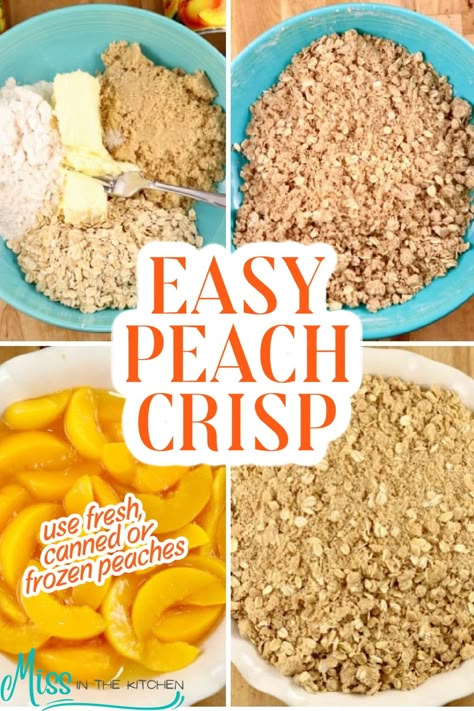 This easy Peach Crisp is the perfect peach dessert because you don't have to wait for the peak of peach season to make it. Top it off with a scoop of vanilla ice cream for one of the best peach desserts you have ever made. Recipes For Frozen Peaches, Frozen Peaches Recipes Easy, Peach Crisp With Frozen Peaches Recipe, Recipes Using Frozen Peaches, Desserts With Canned Peaches, Microwave Peach Crisp, Peach Crisp With Frozen Peaches, Frozen Peaches Recipes, Fresh Peach Desserts