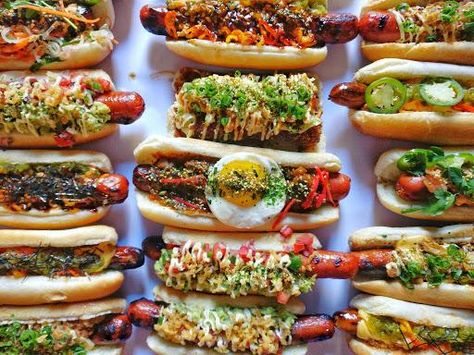 Japanese-Mexican Hot Dogs Japanese Hot Dog, Coachella Food, Mexican Hot Dogs, Waffle Pops, Ramen Burger, Food Junk, Pork Chili, Cheese Buns, Vegan Dog