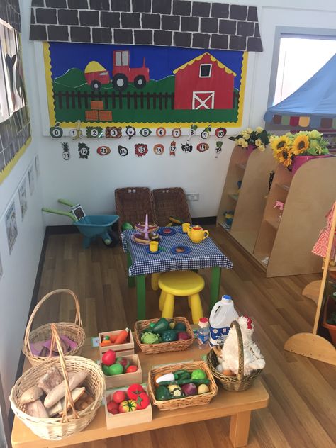 Farm shop role play area Farm Play Areas For Classrooms, Farm Role Play Area, Farm Reggio Emilia, Farm Shop Role Play, Farm Role Play Area Eyfs, Farm Shop Role Play Eyfs, Farm Activities Eyfs, Shop Role Play Eyfs, Role Play Areas Eyfs