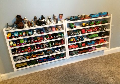 Train Rack Ultimate is the best way to store and organize Thomas and other wooden trains. Get yours at www.trainrackstore.com Thomas The Train Storage Ideas, Train Storage, Shelves And Storage, Brio Train, Train Room, Kids Room Furniture, Kids Training, Wall Rack, Play Table