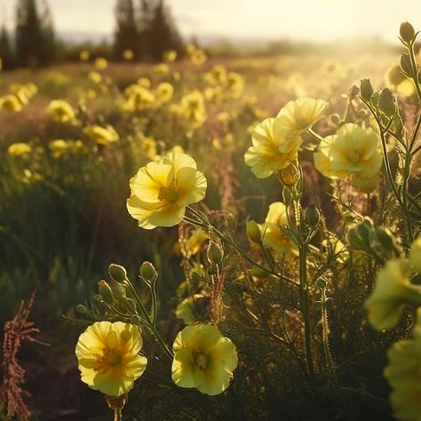 A field of Evening Primrose in the summer Aurora Moodboard, Wildflowers Photography, Yellow Petals, Yellow Wildflowers, Royal Aesthetic, Evening Light, Character Aesthetics, Botanical Beauty, The Writer