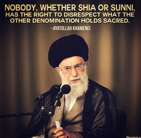 "Nobody, wether Shia or Sunni, has the right to disrespect what the other denomination holds sacred" - Ayatollah Khamenei #Islam #Islamic #Quote #Shia Imam Khamenei, Unity Quotes, Supreme Leader Of Iran, Ali Khamenei, Sunni Muslim, Straight Path, Oppressed People, Shia Muslim, Protest Posters