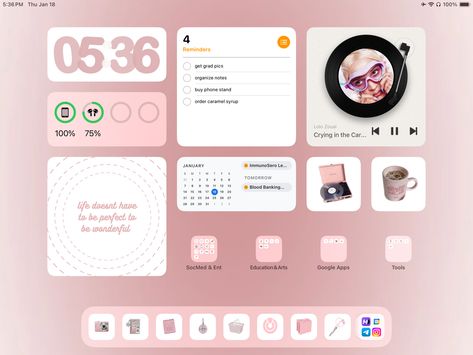 pink aesthetic ipad homescreen ios 17 ipad 9th gen vinyl md organize layout home screen cute pretty girly apple customized icons widgets Pink Ipad Inspo Homescreen, Pink Ipad Theme Ideas, Pink Aesthetic Ipad Layout, Pink Aesthetic Ipad Homescreen, Ipad Homescreen Ideas Background Pink, Pink Ipad Aesthetic Homescreen Ideas, Widget Ideas For Ipad, Pink Ipad Layout Homescreen, Ipad Pink Widget