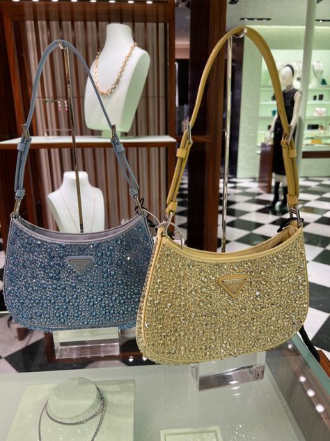 Glitter Purse Aesthetic, Luxury Gold Bag With Bling, Prada Sparkle Bag, Glitter Prada Bag, Prada Bling Bag, Prada Rhinestone Bag, Yellow Prada Bag, Prada Cleo, Prada Blue Bag