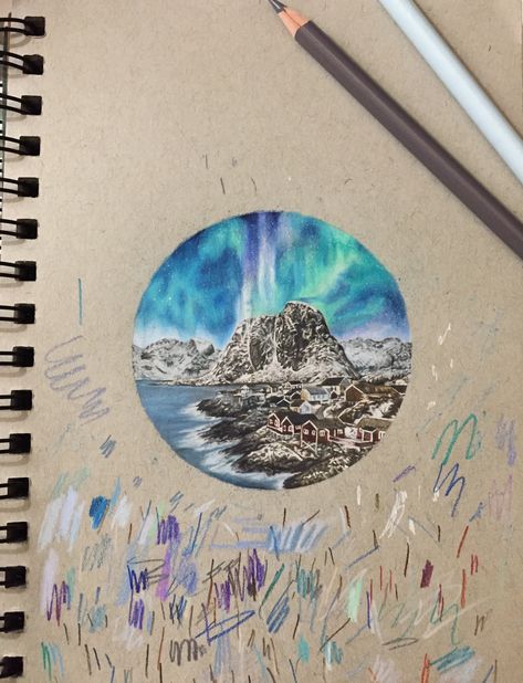 Northern Lights Colored Pencil, Northern Lights Drawing Pencil, Northen Light Drawing, Northern Lights Watercolor Tattoo, Chalk Pastel Northern Lights, Northern Lights Procreate, Nordic Lights, Illustration Ideas, Drawing Inspo