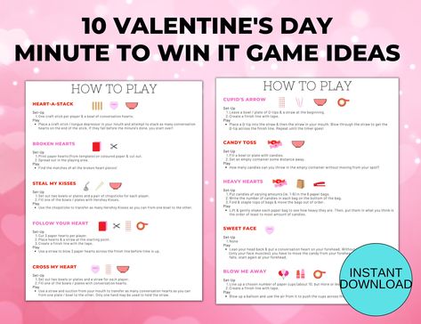 Valentine's Day Minute to Win It Printable Game Ideas with Supply List and Score Sheet by TheColourfulKoala on Etsy Valentines Games, Minute To Win, Minute To Win It Games, Valentine's Day Printables, Minute To Win It, It Game, Printable Game, Movie Facts, Supply List