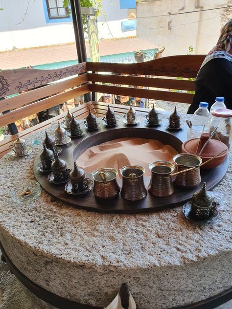 Turkish Coffee made in hot Sand in Şirince Turkey 2019 Turkish Coffee Aesthetic, Turkish Cafe, Coffee Booth, Breakfast Presentation, Magic Coffee, Turkish Restaurant, Small Coffee Shop, Coffee Holder, Tea Making