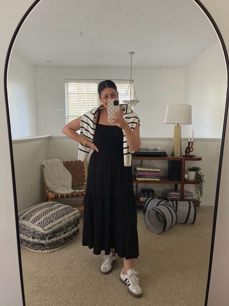 Shop this outfit: black midi dress with striped sweater over the shoulders, adidas sneakers  Summer outfit, casual summer outfit, easy outfit, effortless style Sneakers Summer Outfit, Black Midi Dress Outfit, Midi Dress Outfit, Style Goals, Easy Outfit, Summer Sneakers, Outfit Black, Black Midi, Stripe Dress