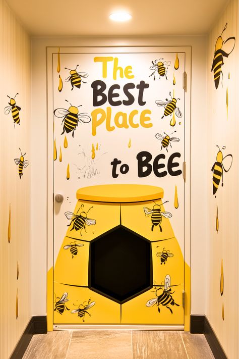 Looking for a buzzing way to decorate your door this spring? I adore this creative bee-themed idea with bees “flying” to a hive on the door. It’s simple yet so fun, and the best part is how it ties the hallway into the design! This easy classroom decor is perfect for preschoolers or older kids alike. Let’s make your classroom door come alive with bees this spring! Honey Bee Classroom Decor, Bee Signs Ideas, Bee Theme Classroom Ideas, Spring Classroom Door Ideas, Easy Classroom Decor, Bee Classroom Decor, Spring Classroom Door, Classroom Door Ideas, Bee Classroom