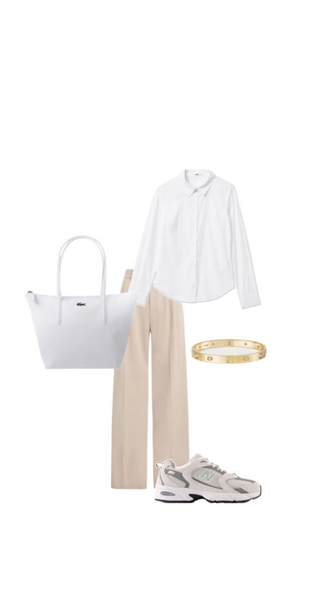 pantalon beige classe chemise blanche sac lacoste blanc new balance beige et bijoux Chemise Blanche Outfit, New Balance Beige, Balance Beige, New Balance, Quick Saves