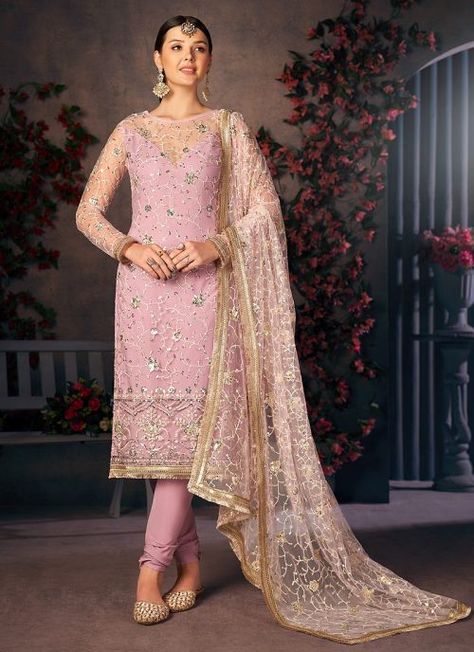 Pink and Gold Embroidered Pant Style Suit Wedding Palazzo, Garara Dress, Pink Plus Size, Celana Fashion, Churidar Suits, Palazzo Suit, Embroidered Pants, Light Lavender, Salwar Kameez Designs