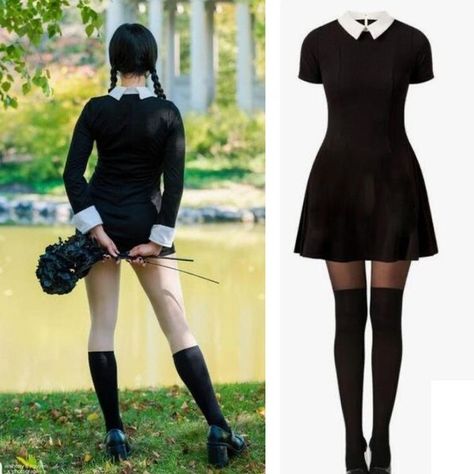 Cryptic Aesthetic, Wednesday Addams Outfit, Black Dress Halloween Costume, Wednesday Addams Cosplay, Wednesday Costume, Horror Cosplay, Wednesday Addams Costume, Wednesday Outfit, Halloweenský Makeup