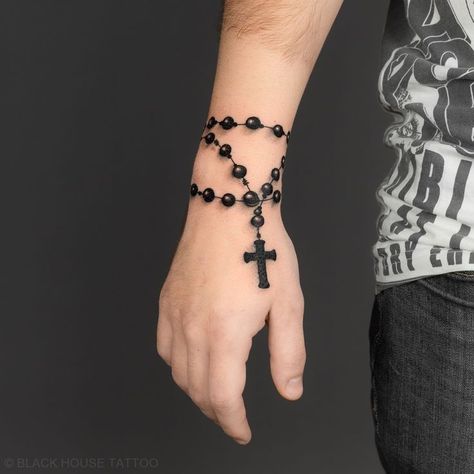 Mens Rosary Tattoo, Rosary Tattoo For Men Arm, Rosary Around Wrist Tattoo, Hand Wrist Tattoo Men, Rosario Hand Tattoo, Rosario Tattoo Design, Rosary Wrist Tattoo, Tattoo Cross Men, Rosary Tattoo For Women Arm