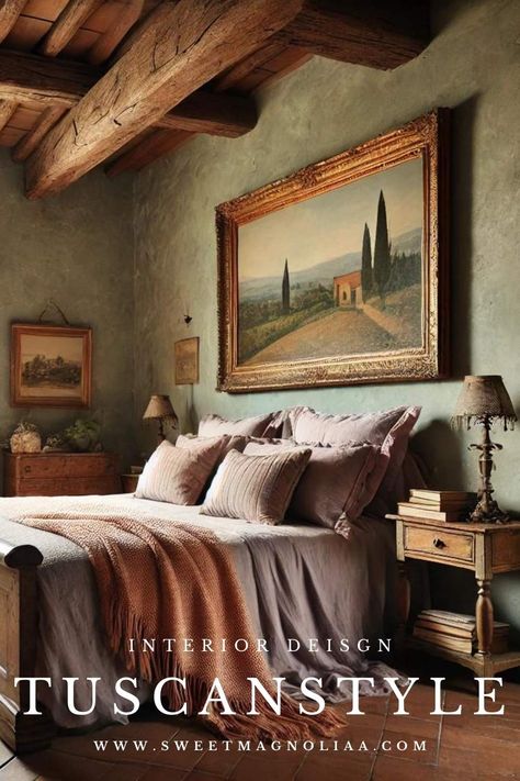 A Guide to Tuscan Interior Design: Bring the Italian Countryside Home - Sweet Magnoliaa Tuscan Inspired Bedroom, Tuscany Bedroom Ideas, Italian Style Home Decor, Tuscan Interior Design, Tuscany Bedroom, British Colonial Interior Design, Southwest Interior Design, Tuscan Style Decorating, Southwest Interior