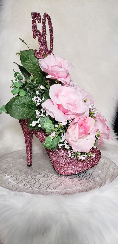 High Heels Decorations Ideas, High Heel Floral Arrangement, Shoe Floral Arrangements, Heel Centerpiece Ideas, High Heel Centerpiece Ideas, Shoe Centerpieces Table Decorations, Shoe Vase, Bejeweled Shoes, Birthday Flowers Arrangements