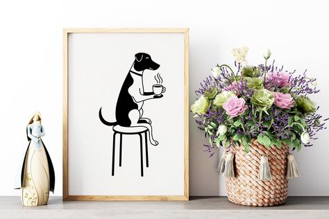 Dog Drinking Coffee Print, Trendy Art Prints, Dog Wall Decor, Minimalist Wall Art, Dog and Coffee, Coffee Bar Decor, Digital Print Dog Drinking Coffee, Dog And Coffee, Trendy Art Prints, Dog Wall Decor, Printing House, Wall Decor Minimalist, Coffee Bar Decor, Bar Cart Decor, Bar Art