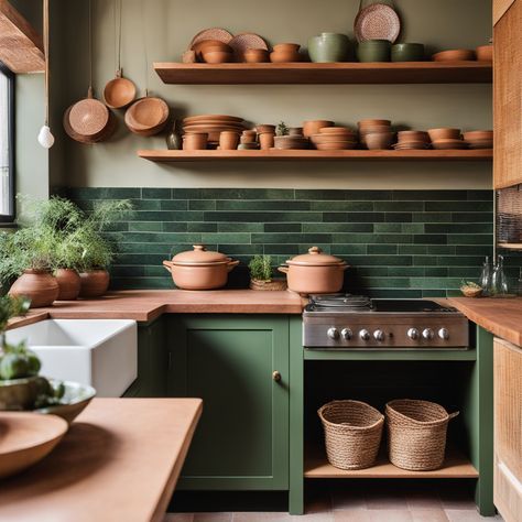 Green Kitchen Terracotta Floor, Terracotta Green Kitchen, Green Orange Kitchen, Green And Terracotta Kitchen, Kitchen Terracotta Floor, Orange And Green Kitchen, Terracotta Tile Floors, Green Kitchen Backsplash, Kitchen 2025