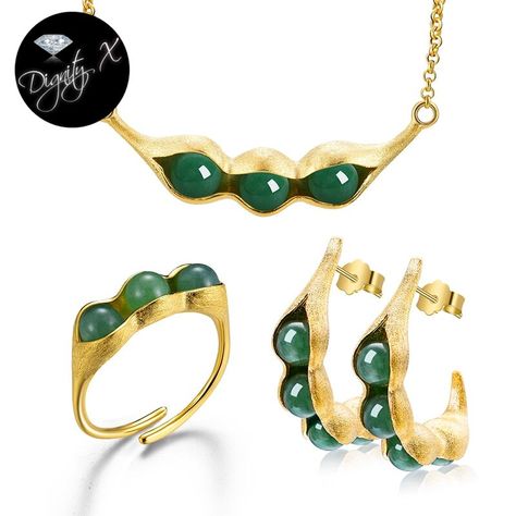 by DignityX® | Premium Elegant Shine ~ Nature Inspired Jewelry * Free Global Shipping ~ Conditions Apply ... Pods Design, Pea Pod Necklace, Aventurine Jewelry, Jewelry Set Design, Pea Pods, Gold Jewelry Sets, Women's Jewelry Sets, 18k Gold Jewelry, Natural Stone Jewelry