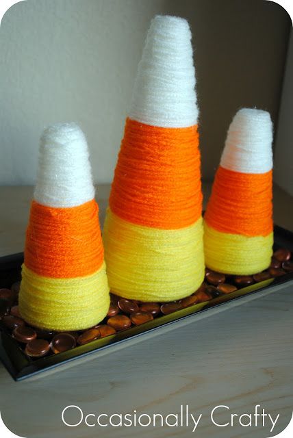 Yarn-Wrapped Candy Corn Decoration | Occasionally Crafty: Yarn-Wrapped Candy Corn Decoration Paper Mache Cones Diy, Halloween Yarn, Elegant Fall Decor, Paper Mache Cone, Candy Trees, Cones Diy, Candy Corn Decorations, Pom Pom Tree, Chalk Crafts