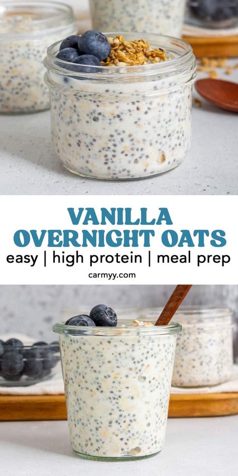 Are you in need of a breakfast idea that's both quick and easy for hectic mornings? Try making vanilla overnight oats! This recipe calls for basic pantry items such as rolled oats, chia seeds, yogurt, milk, and maple syrup, and it tastes just like a sweet and creamy vanilla pudding. The best part? It only takes 5 minutes to prepare! Just let the oats mixture sit in the fridge overnight and wake up to a delicious and healthy breakfast. Give it a try, and it'll become your new go-to breakfast! One Serving Overnight Oats, Over Night Oats High Protein, High Protein Chia Seed Breakfast, Single Serving Overnight Oats, Chia Seeds Yogurt, Chia Seed Overnight Oats, Overnight Oats With Chia Seeds, Oatmeal Overnight, Vanilla Overnight Oats