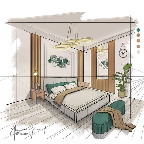 A quick illustrated bedroom concept in champagne and pine green accent. Digital Handsketch on Photoshop. Let me know how you like this… | Instagram Casa Feng Shui, Interior Architecture Sketch, Interior Design Portfolio Layout, Interior Design Sketchbook, Furniture Design Sketches, Interior Design Renderings, Interior Architecture Drawing, Interior Design Drawings, Lights Bedroom