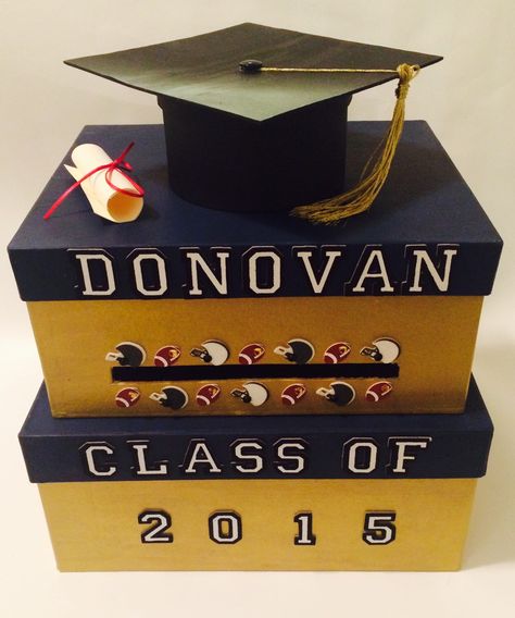 A personal favorite from my Etsy shop https://www.etsy.com/listing/289397689/graduation-card-box-two-tieried-navy Graduation Card Box Diy, High School Graduation Party Centerpieces, Card Box Ideas, Graduation Card Box, Senior Banquet, Diy Graduation Cards, Graduation Party Cards, Graduation Centerpieces, 2025 Graduation