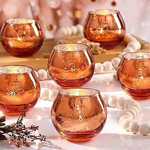 Beautiful votives for weddings! Orange Candle Holder, Thanksgiving Table Centerpieces, Terracotta Decor, Fall Wedding Tables, Glass Tealight Candle Holders, Fall Table Centerpieces, Unique Candle Holders, Glass Votives, Orange Candle