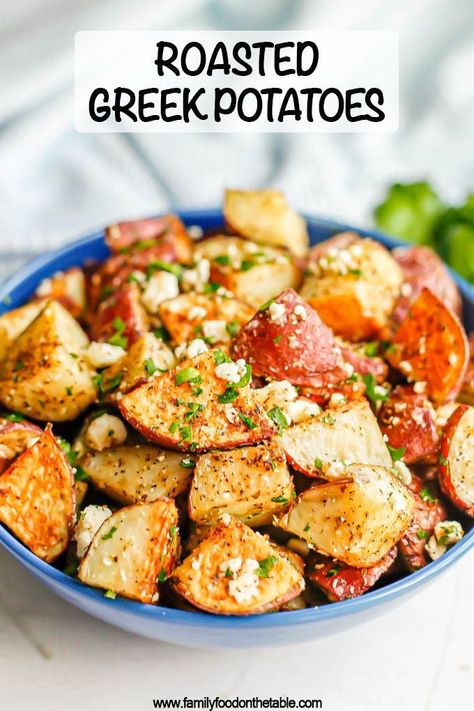 Greek roasted potatoes are seasoned and roasted until browned then tossed with feta cheese and fresh herbs for a flavorful side dish. Roasted Potatoes With Feta Cheese, Greek Feta Roasted Potatoes, Greek Red Potatoes, Potatoes With Feta, Greek Roasted Potatoes, Baked Potato Microwave, Grilled Lemon Chicken, Red Potato Recipes, Greek Potatoes