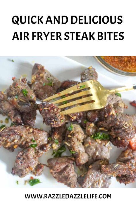 Air fryer steak bites are marinated, chopped ribeye cooked to juicy perfection in the air fryer. A quick and easy entree in just 10 minutes. Airfryer Steak Bites Recipes, Ribeye Steak Bites In Air Fryer, Garlic Steak Bites Air Fryer, Air Fryer Steak Bites And Mushrooms, Garlic Butter Steak Bites Air Fryer, Air Fryer Steak, Veggie Fries, Flat Iron Steak, Steak Bites