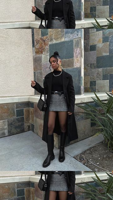 Black Trench Coat Outfit Classy Chic, Black And White Trench Coat Outfit, Houndstooth Skirt Outfit Fall, Monochromatic Outfit Black And White, Monochrome Skirt Outfit, Skirt And Trench Coat Outfit, Houndstooth Mini Skirt Outfit, Trench Coat Skirt Outfit, Skirt Coat Outfit