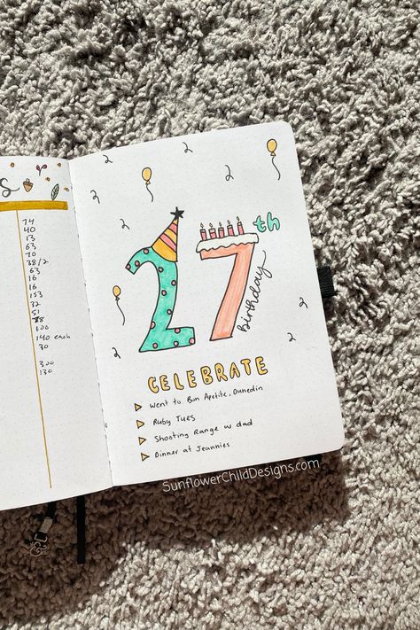 Birthday Bullet Journal Spread Journal Ideas For Birthdays, My Birthday Journal Ideas, Birthday Month Journal Ideas, Birthday Page Bullet Journal, Birthday Journal Ideas Scrapbook, Journal Birthday Page, Birthday Journal Page, Birthday Bujo, Bullet Journal Birthday Page