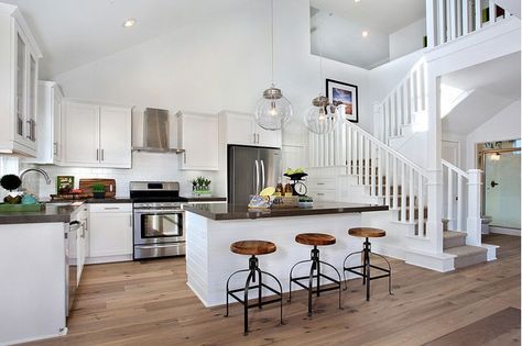 counter stools, globe pendants Skylight Kitchen, Shaker Kitchen Cabinets, Contemporary Cottage, Cottage Kitchen, Counter Tops, Kitchen Layout, White Cabinets, Kitchen Space, Home Decor Kitchen