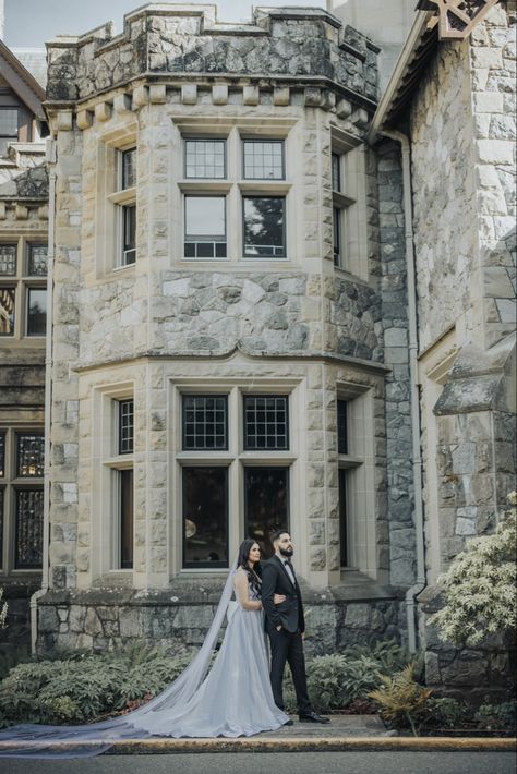 Castle photoshoot | engagement shoot | bridal photoshoot | couples castle shoot | hatley castle | victoria | white dress with train | cathedral veil Castle Photoshoot, Hatley Castle, Photoshoot Engagement, Dress With Train, Cathedral Veil, Bridal Photoshoot, Engagement Shoot, Engagement Shoots, Veil