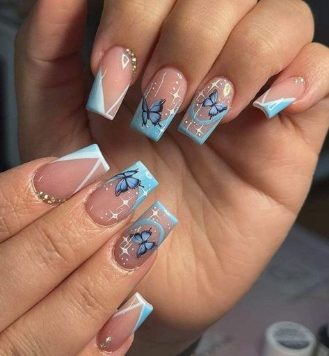 Short Nails With Butterfly Design, Short Square Butterfly Nails, Pink And Blue Butterfly Nails, Blue And Purple Butterfly Nails, Purple Acrylic Nails, Fancy Nails Designs, Colored Acrylic Nails, Girly Acrylic Nails, Short Square Acrylic Nails