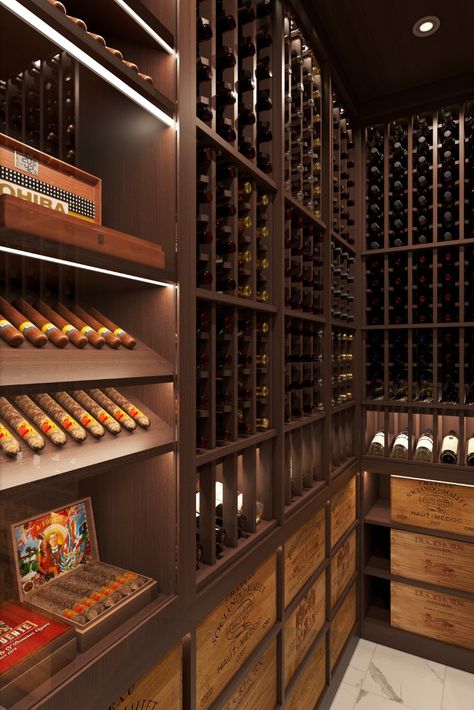 Humidor room in traditional wine cellar Home Humidor, Wine Humidor, Wine Lounge Room Ideas, Basement Wine Cellar Ideas, Whiskey Cellar, Wine Room Ideas, Humidor Room, Unique Wine Cellar, Custom Humidor