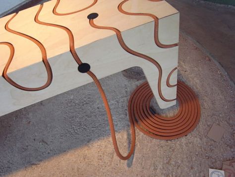 Canvas Rope Undulating to Shape a Modern Bench Attractive Aura, Rope Bench, Plywood Bench, Rope Furniture, Modern Bench, Industrial Design, Plywood, Modern Furniture, Aura