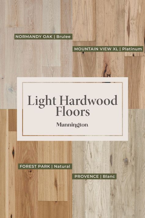 A graphic that includes 4 different light colored Mannington Hardwood floor swatches Ohio House, Hardwood Floor Colors, Game Room Basement, Light Hardwood, Light Hardwood Floors, Light Wood Floors, Engineered Flooring, Lake Cottage, Air B And B